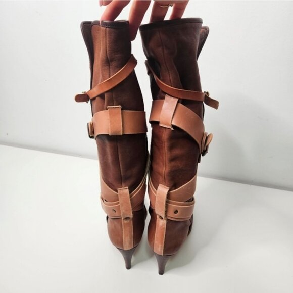 CHLOE Brown Leather Knee High Tall Boots Sz 9 / 40 EUR Wrap Around Straps Y2K - Picture 5 of 11